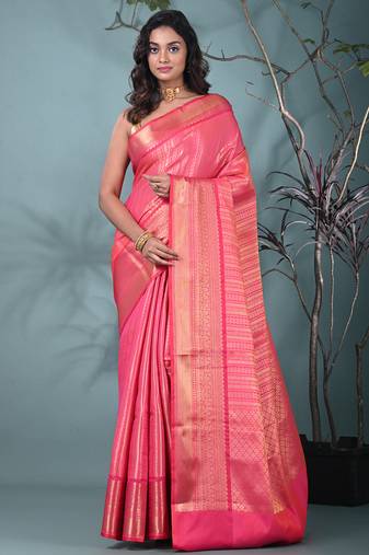 hot pink brocade saree with intricate borders
