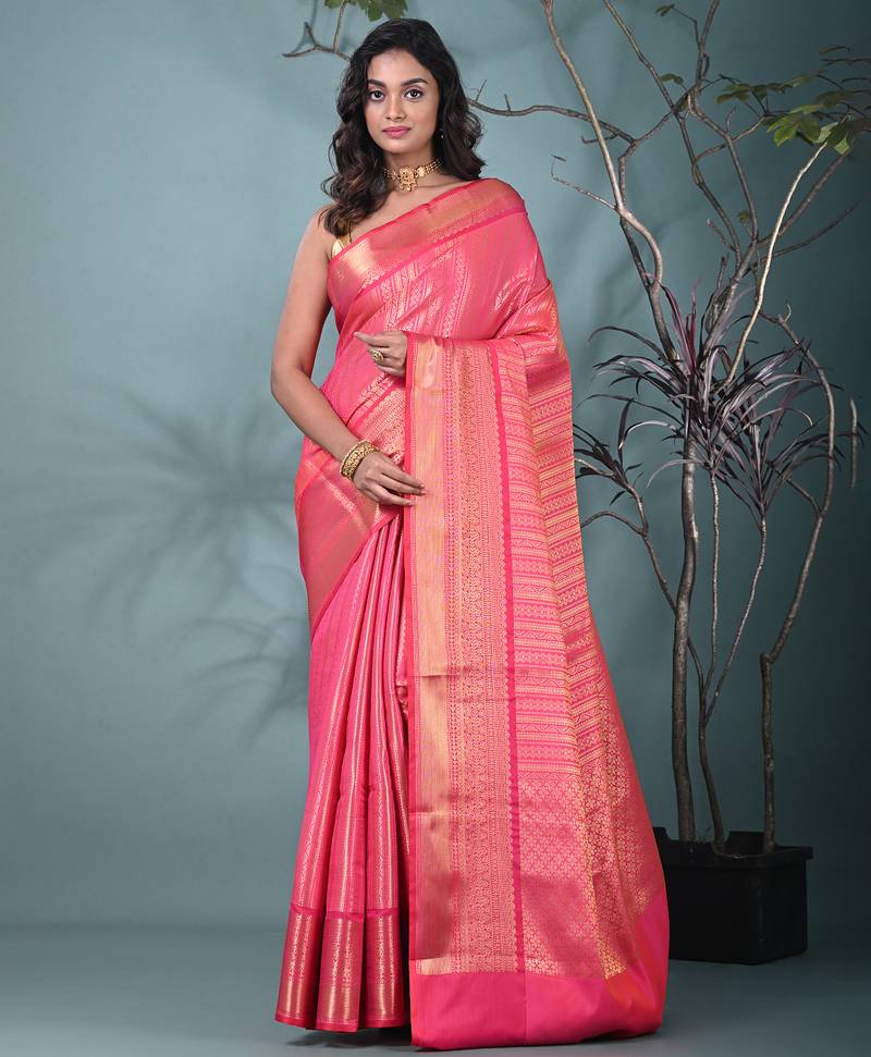 hot pink brocade saree with intricate borders