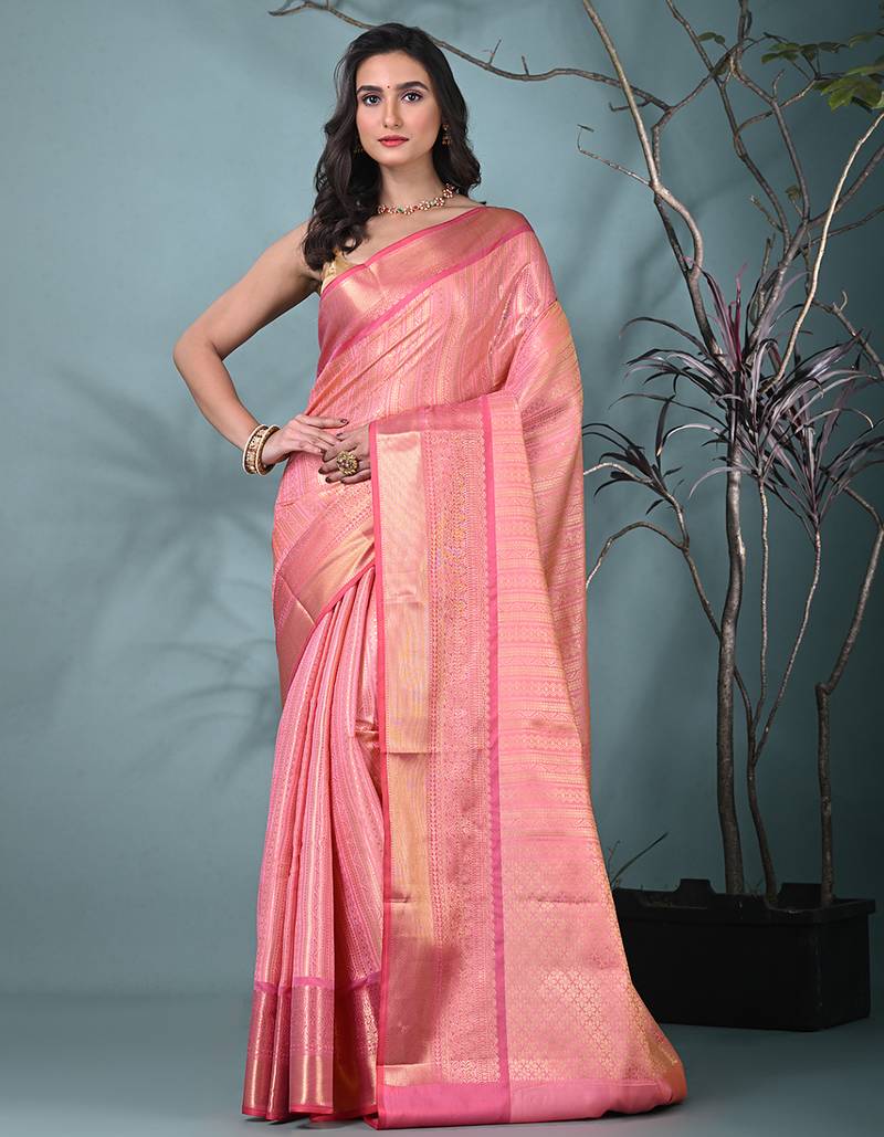 pink brocade saree with intricate borders
