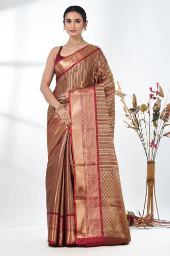 brown brocade saree with intricate borders