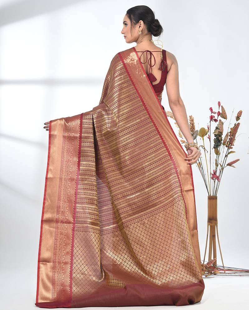 brown brocade saree with intricate borders
