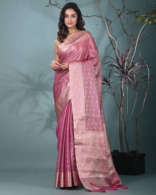 elegant pink tissue saree with intricate border 1