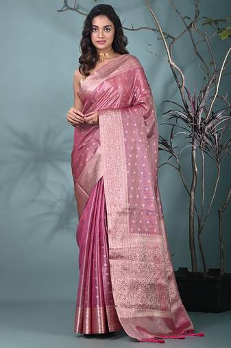elegant pink tissue saree with intricate border