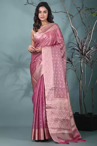 elegant pink tissue saree with intricate border