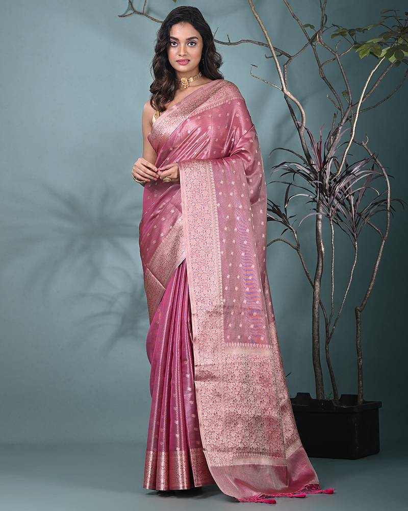 elegant pink tissue saree with intricate border