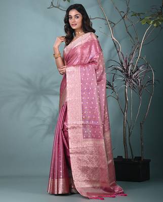 elegant pink tissue saree with intricate border 2