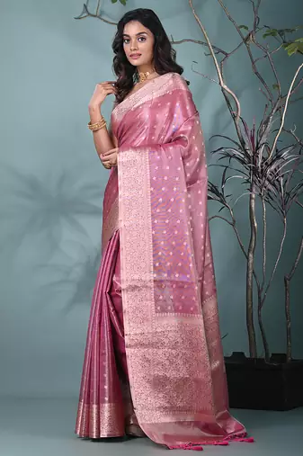 elegant pink tissue saree with intricate border