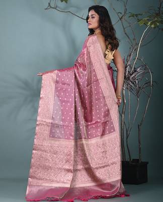 elegant pink tissue saree with intricate border 3