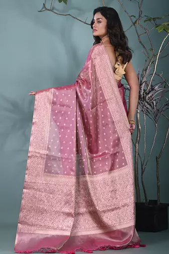 elegant pink tissue saree with intricate border