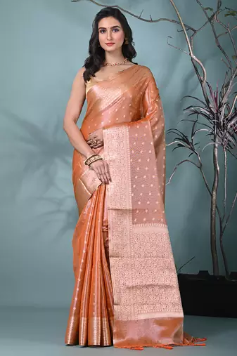 elegant orange tissue saree with intricate border
