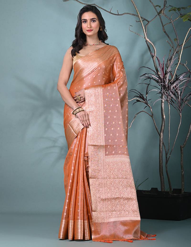elegant orange tissue saree with intricate border