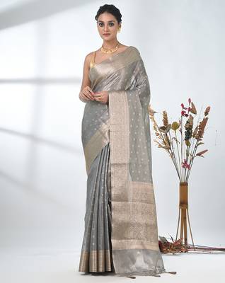 elegant grey tissue saree with intricate border 1