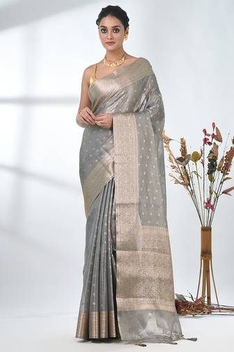 elegant grey tissue saree with intricate border