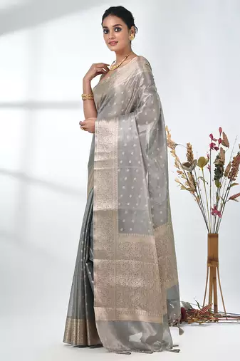 elegant grey tissue saree with intricate border