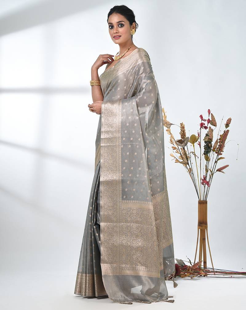 elegant grey tissue saree with intricate border