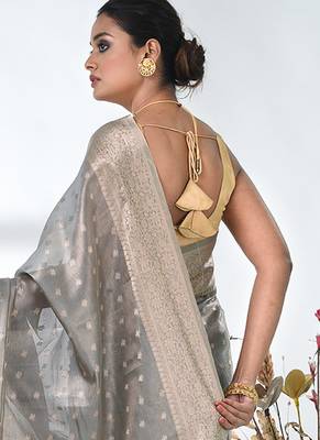 elegant grey tissue saree with intricate border 3