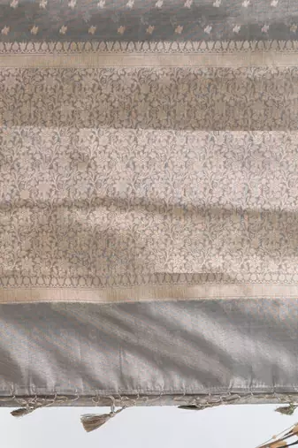 elegant grey tissue saree with intricate border