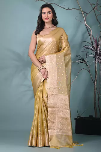 elegant yellow tissue saree with intricate border