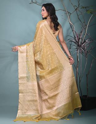elegant yellow tissue saree with intricate border 3