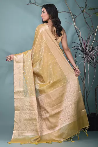 elegant yellow tissue saree with intricate border