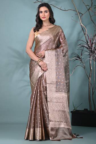 elegant brown tissue saree with intricate border