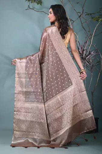 elegant brown tissue saree with intricate border