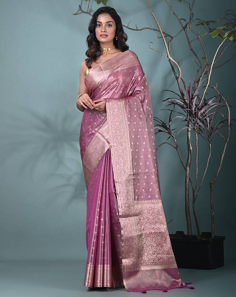 elegant purple tissue saree with intricate border