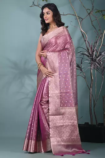elegant purple tissue saree with intricate border