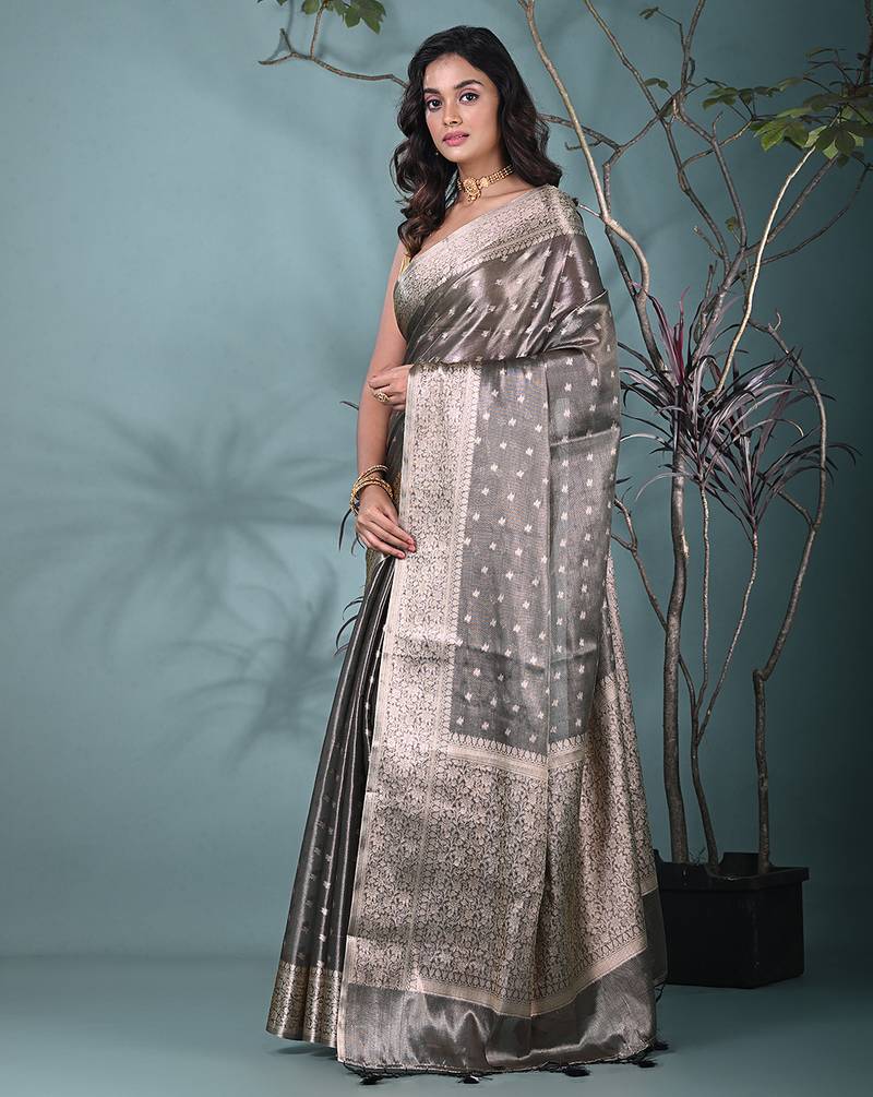elegant black tissue saree with intricate border