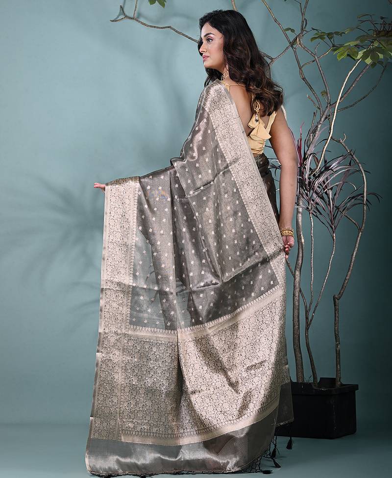 elegant black tissue saree with intricate border