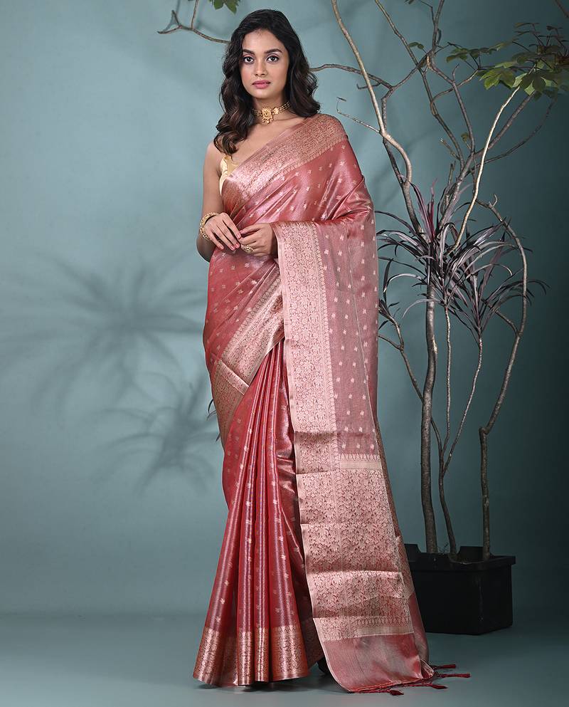 elegant red tissue saree with intricate border