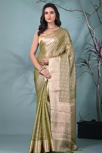elegant sap green tissue saree with intricate border