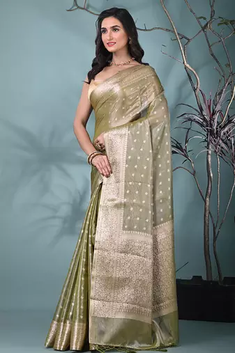 elegant sap green tissue saree with intricate border