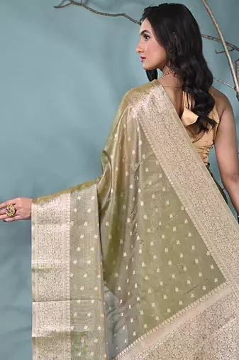elegant sap green tissue saree with intricate border