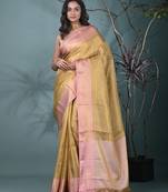 golden tissue brocade saree with pink border