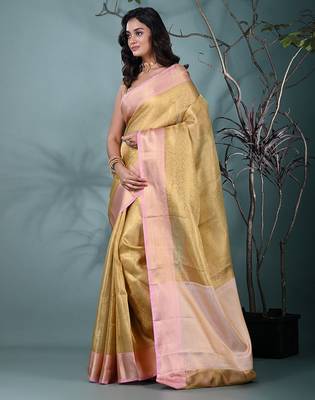 golden tissue brocade saree with pink border 2