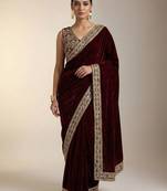 wine velvet saree with zari embroidered border