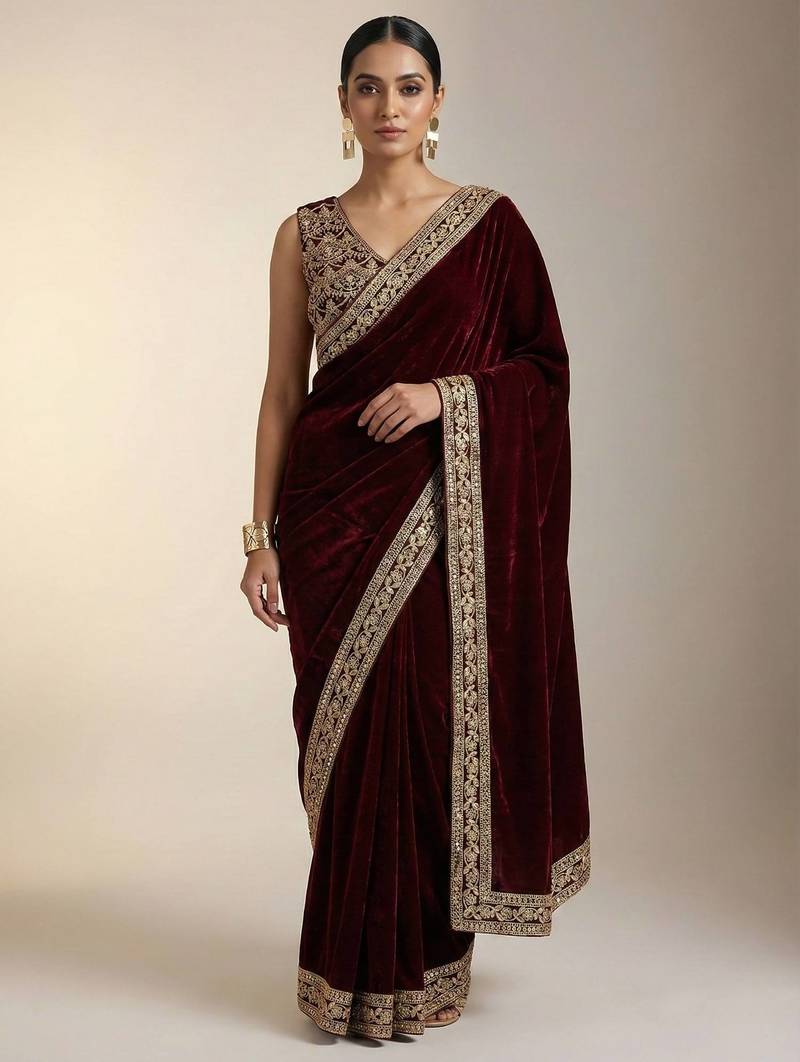 wine velvet saree with zari embroidered border