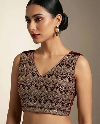 wine velvet saree with zari embroidered border 2