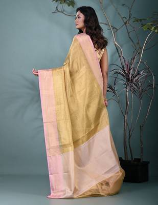 golden tissue brocade saree with pink border 3