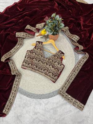 wine velvet saree with zari embroidered border 3