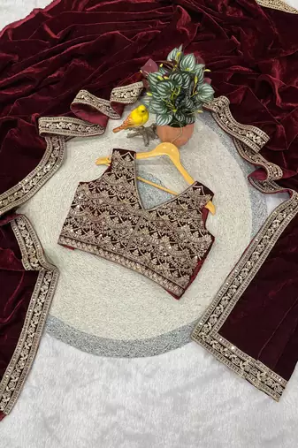 wine velvet saree with zari embroidered border