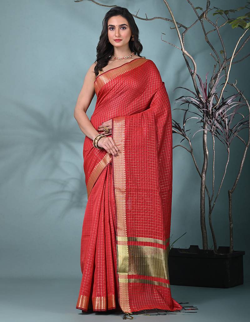 red catlon soft art silk saree with checkered pattern