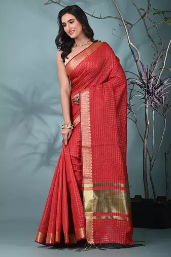 red catlon soft art silk saree with checkered pattern