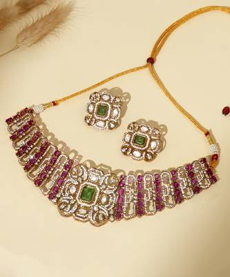 Gold plated kundan multicolor stones choker necklace set 2
