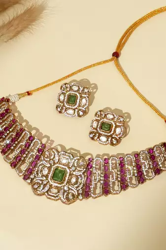 Gold plated kundan multicolor stones choker necklace set