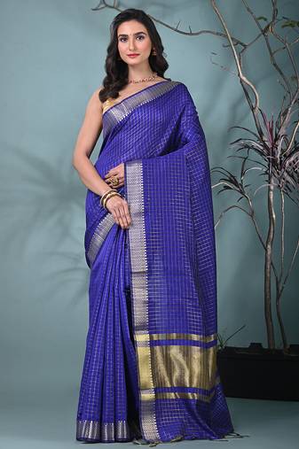 blue catlon soft art silk saree with checkered pattern