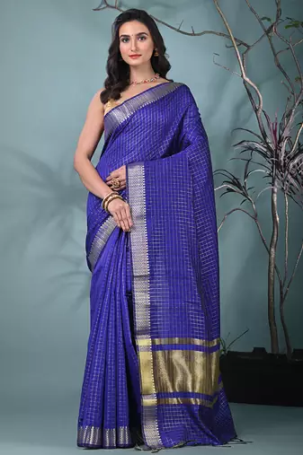 blue catlon soft art silk saree with checkered pattern