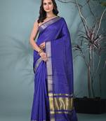 blue catlon soft art silk saree with checkered pattern