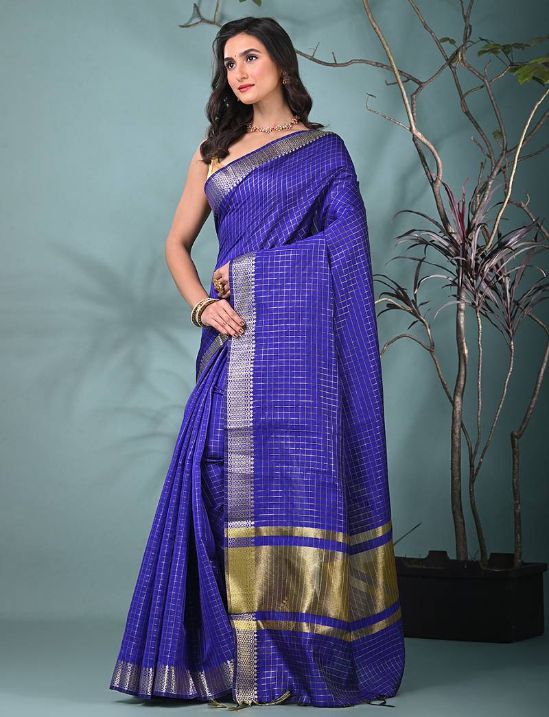 blue catlon soft art silk saree with checkered pattern